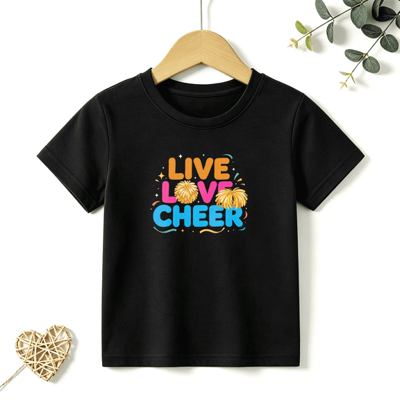 Girls Graphic Tees Live Love Cheer Pom Pom Letter Print Kids T Shirt Cheerleading Tee 100% Cotton Short Sleeve Soft Tops 4-13Y