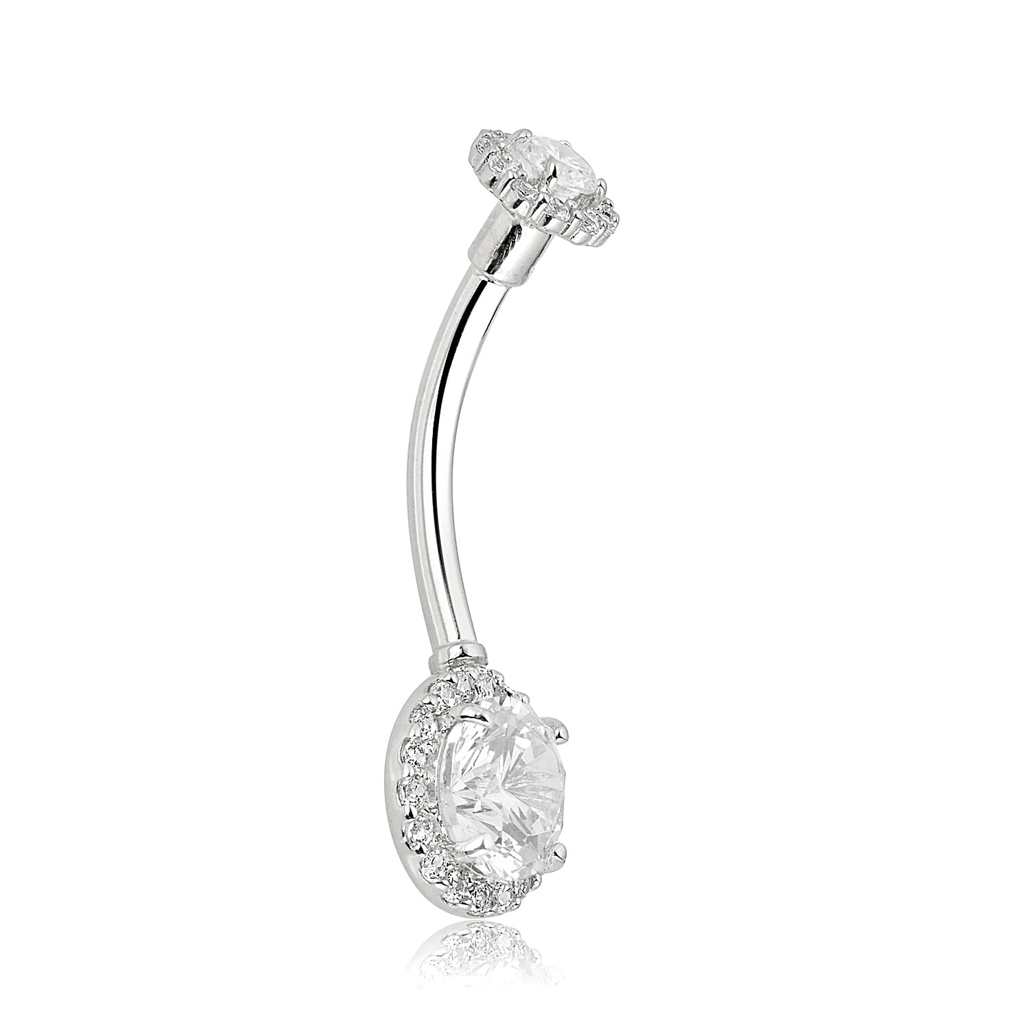 AVORA 10K White Gold White Simulated Diamond CZ Halo Belly Button Ring Body Jewelry (14 Gauge)