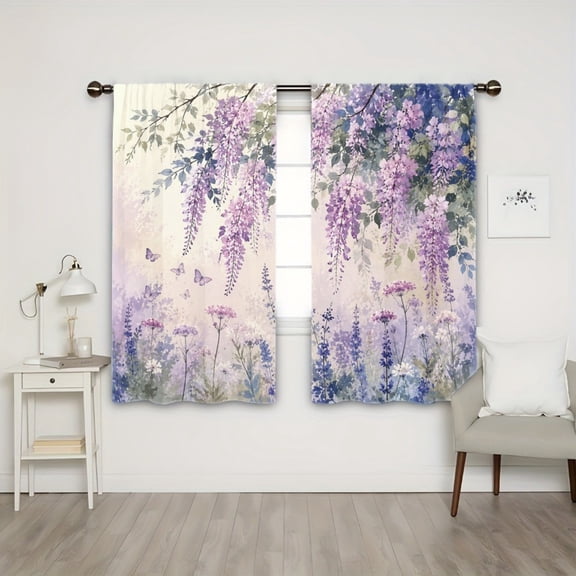 WNOOHIY Light Filtering Rod Pocket Curtains, Spring Wisteria Butterfly Floral Garden Print Window Drapes for Living Room Bedroom, 2PCS