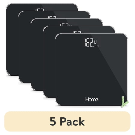 (5 pack) iHome Digital Battery Powered Bathroom Scale with Fit+ Personal Coach App, FSA and HSA Eligible, Black, 397 lbs Capacity