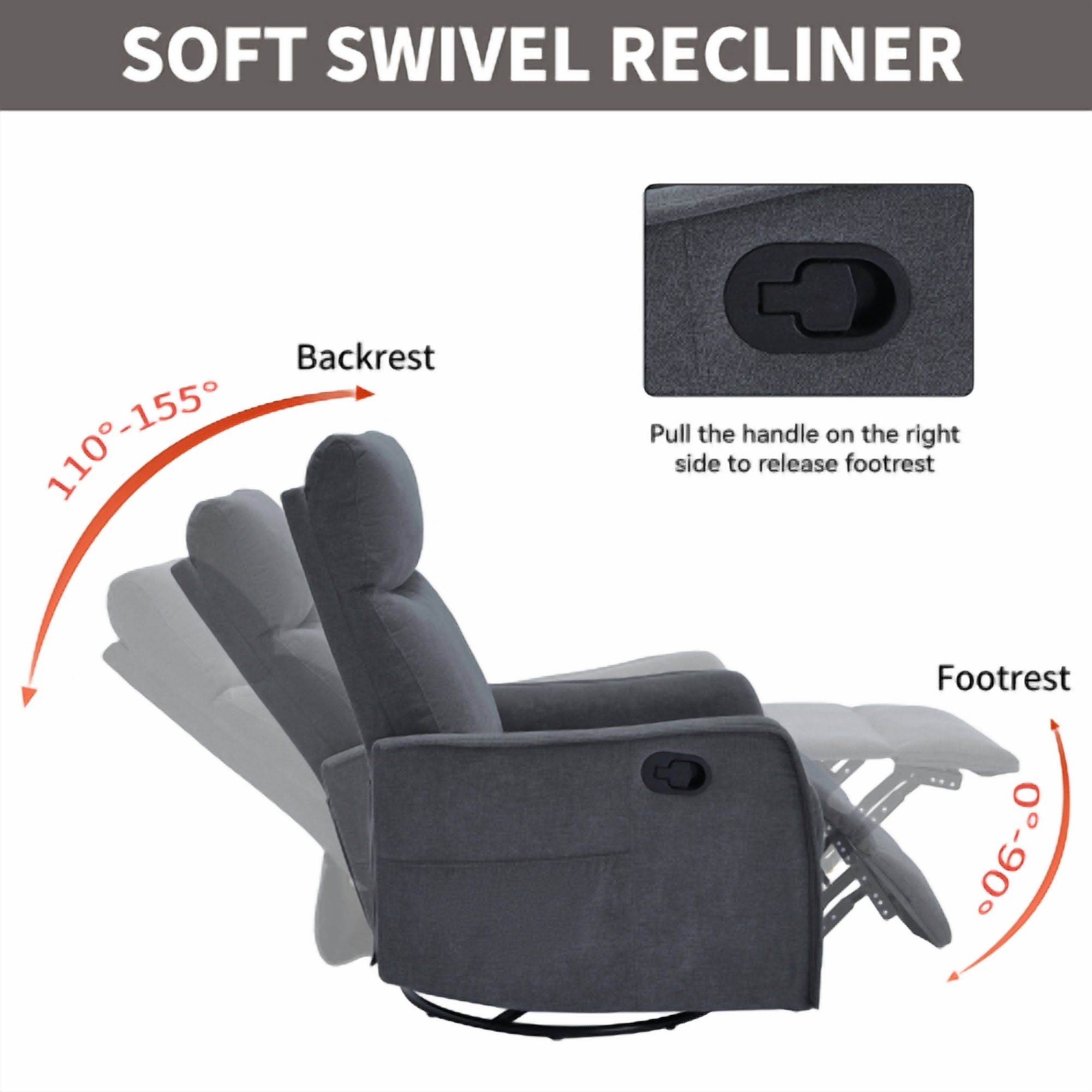Leumius Recliner Chair with Massage and Heat,360° Manual Swivel Rocker Chair for Adults,Upholstered Fabric Glider Recliner Nursery Chair with Side Pockets for Living Room,Dark Gray