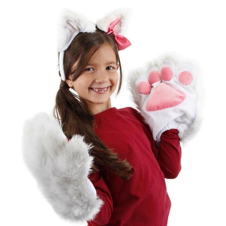 White & Pink Kitty Paws Costume Gloves Adult One Size