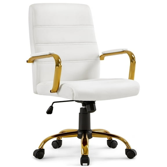 Yaheetech 360° Swivel PU Leather Office Chair with Gold Frame, White