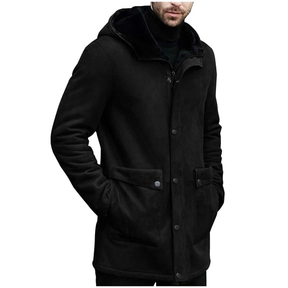 Men's Suede Leather Long Jacket Winter Plush Sherpa Fleece Lined Hooded Coat Vintage Faux Fur Outdoor Trench Coats