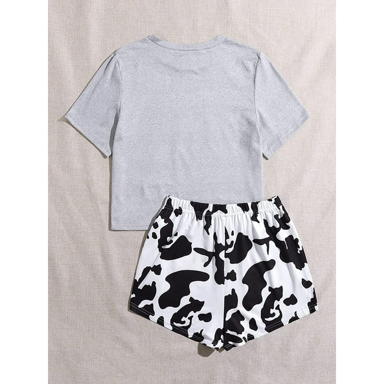 WDIRARA Women s Cartoon Cow Print Short Sleeve Tee and Shorts