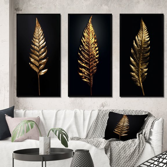 Designart "Golden Fern Leaf on Black Background VI" Ferns Framed Wall Art Set Of 3 - Green Modern Frame Gallery Set For Office Decor