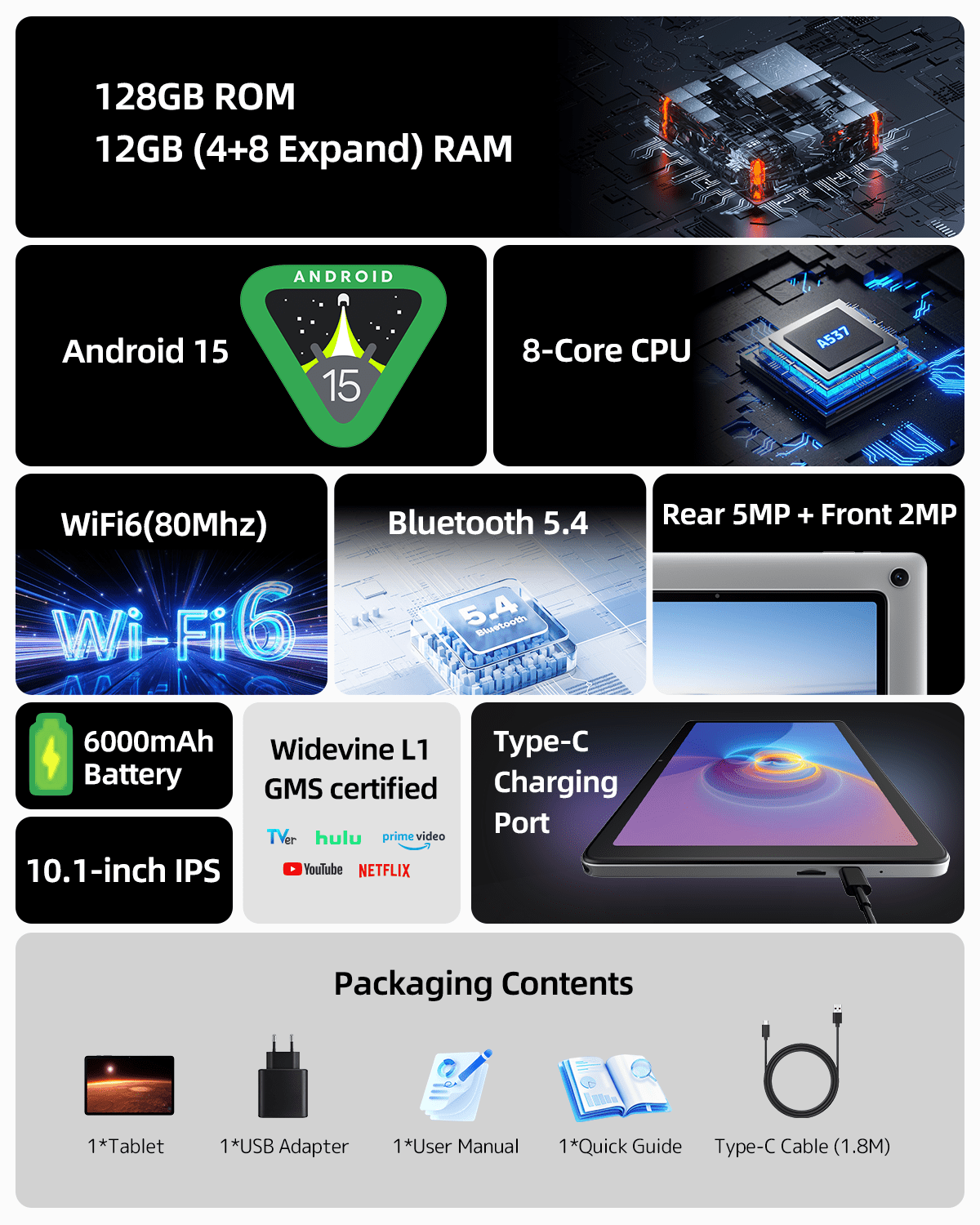 2026 Android Tablet 10 Inch, Android 15 Tablet with 12(4+8)GB RAM 128GB Storage, 8-Core CPU, 6000mAh Battery, BT 5.4, WiFi, Plimpton P1 - Silver