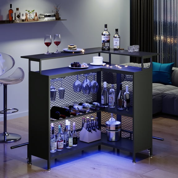 Corner Bar Cabinet with Wine Rack & Glass Holder - L-Shaped Liquor Cabinet for Kitchen, Dining & Living Room
