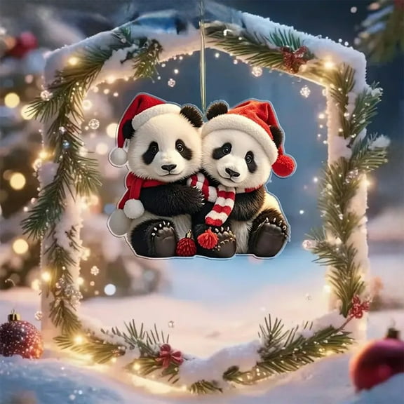 Peacheart 2 Pcs Christmas Panda Ornaments, Acrylic Panda Wearing Santa Hat Christmas Tree Hanging Decorations, Gifts for Panda Lovers