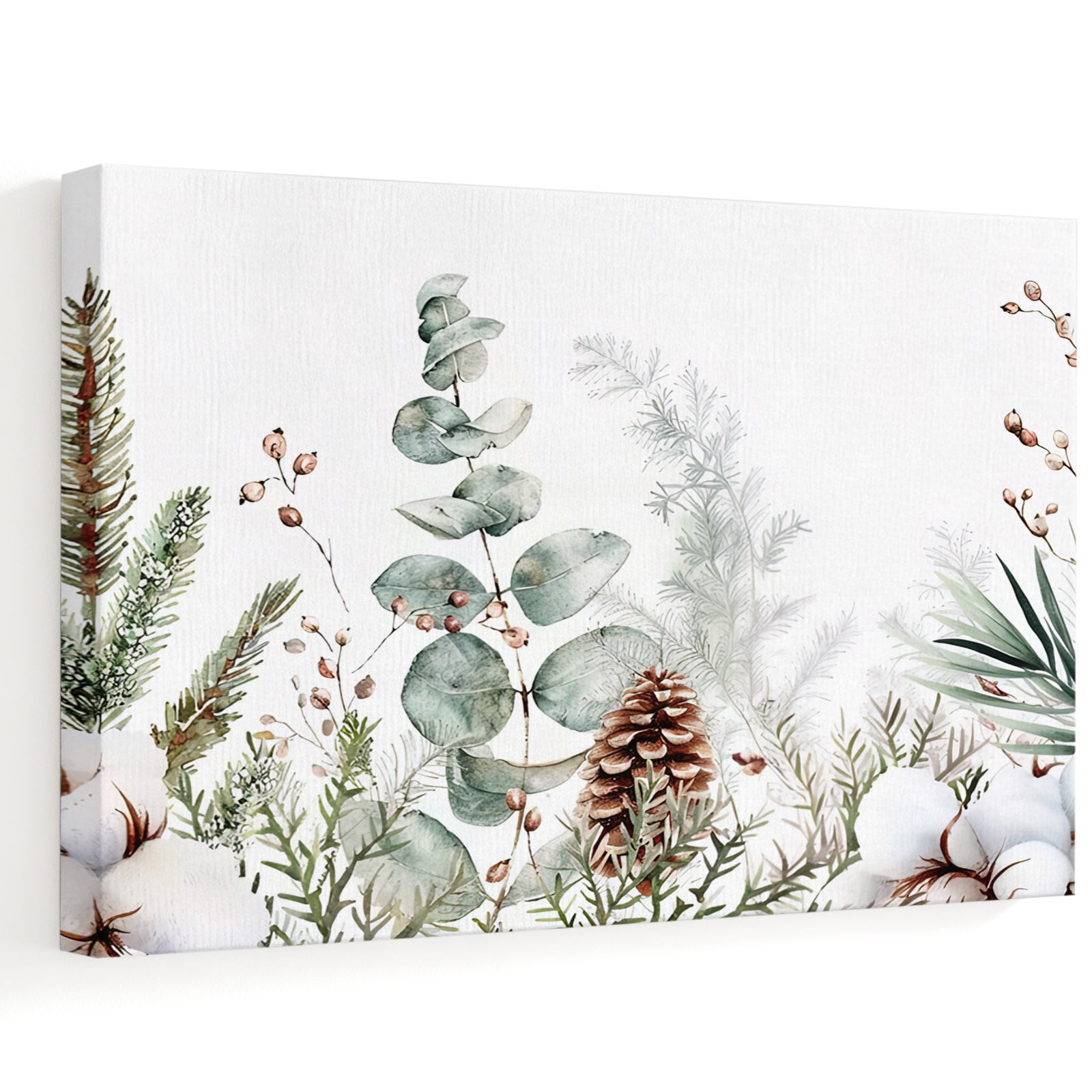 Christmas Canvas Wall Art Winter Eucalyptus Leaf Snow Pine Cone Wall Art Prints Artwork Framed Canvas Ready to Hang Art Pictures for Bathroom Nightstand Narrow Hallway 14 x 11