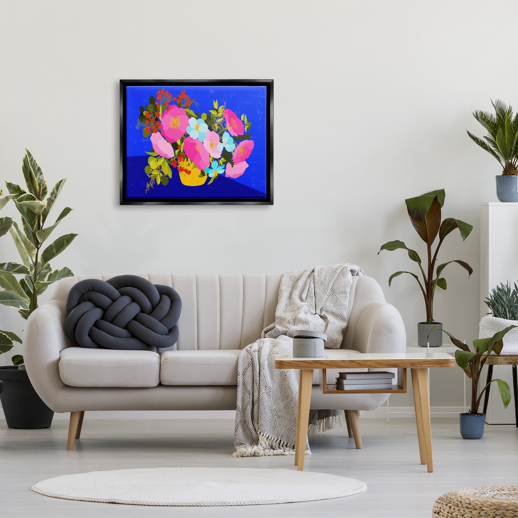 Stupell Industries Vivid Pink & Blue Bouquet Botanical & Floral Painting Black Floater Framed Canvas Art Print Wall Art, 31 x 25
