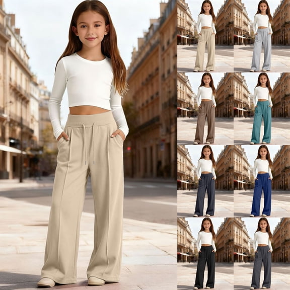 Kcolen Baggy Sweatpants for Girls,Uniform Pants for Kids Straight Leg Pants Preppy Pull On Loose Fit Casual Trousers Back To School Clothes for Girls