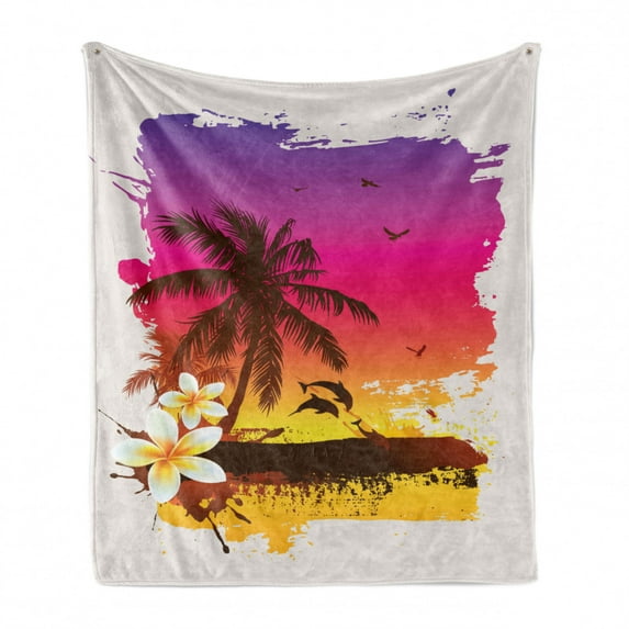Luau Soft Flannel Fleece Throw Blanket, Tropical Retro Sunset Palm Trees Jumping Dolphins on the Beach Scenery Illustration, Cozy Plush for Indoor and Outdoor Use, 50" x 70", Multicolor, by Ambesonne