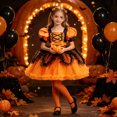 thumbnail image 2 of Auroural Girls Tulle Princess Dress Girls Halloween Witch Pumpkin Dress Puff Sleeve Bow Waist Princess for Party, 2 of 9