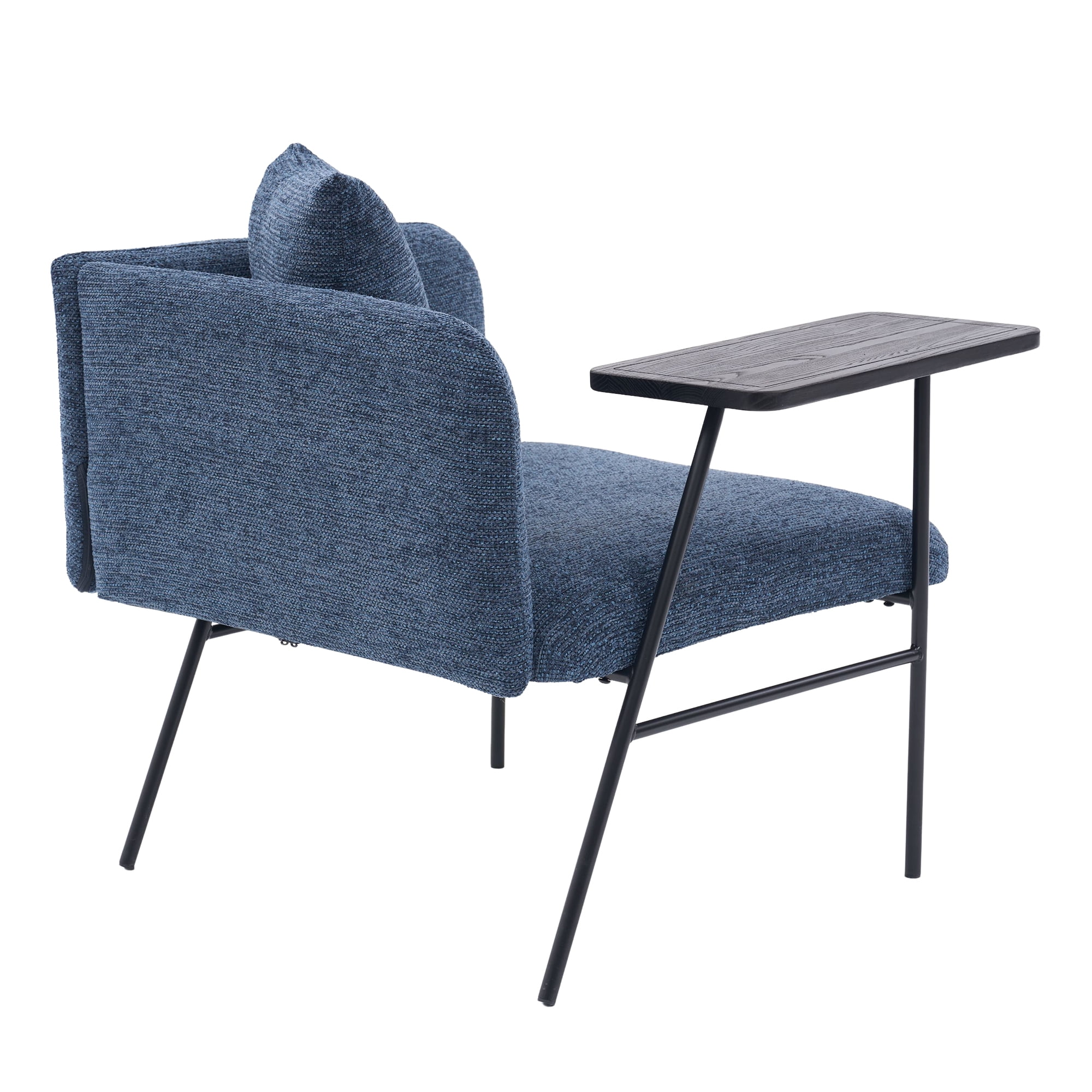 Upholstered Accent Lounge Chair with Small Table and Back Pillow, Modern Single Sofa Armchair with Metal Frame and Side Pockets, Navy Reading Seating for Bedroom Home Office