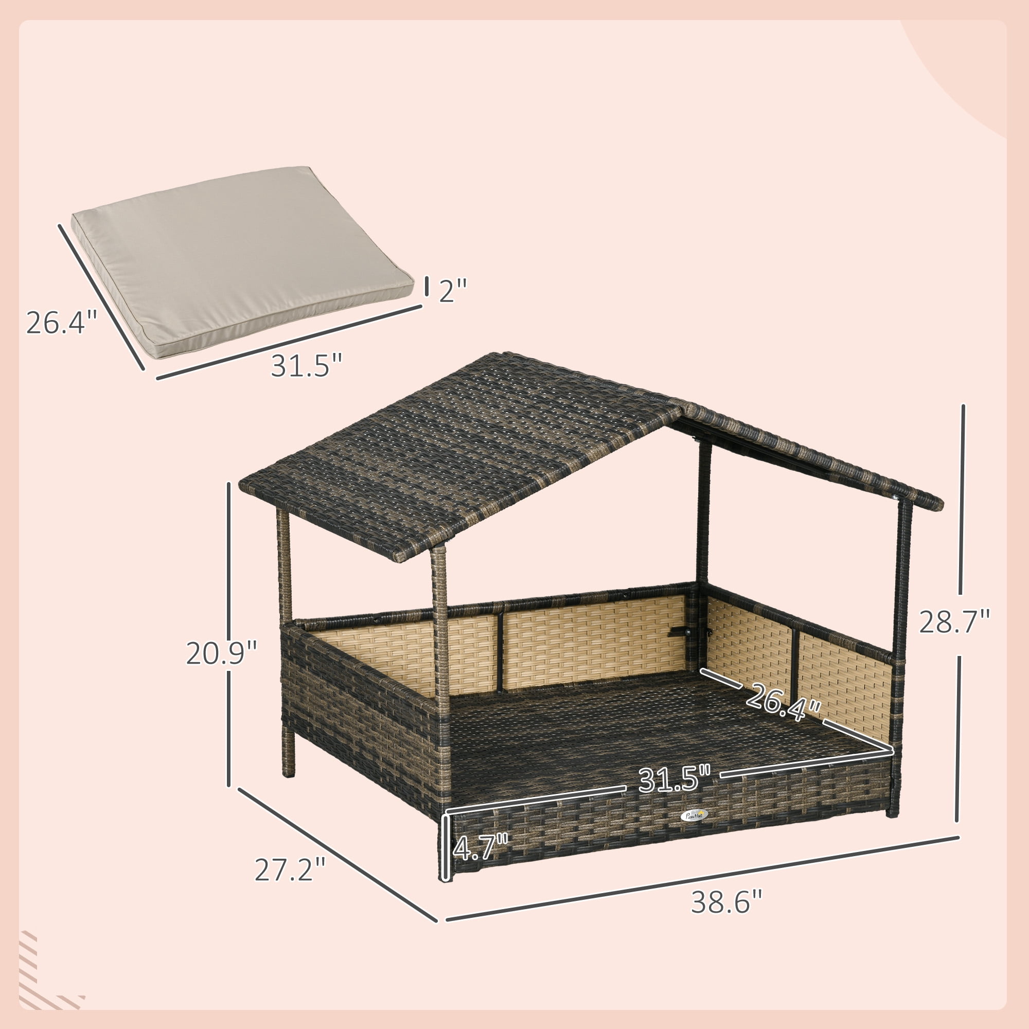 PawHut Wicker Dog House Elevated Raised Rattan Bed for Indoor/Outdoor with Removable Cushion Lounge, Khaki