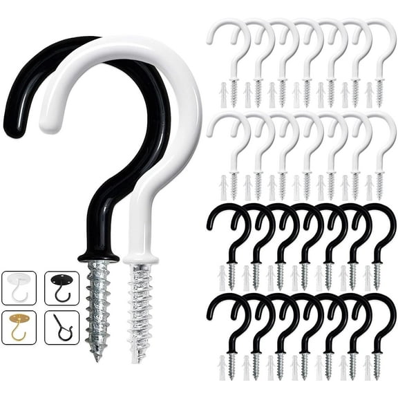 30 Pack 1.8 Inches Ceiling Hooks for Hanging Plants, Utensils, and kitchenware - Holds up to 50lbs, Vinyl Coated Screw-in Plant and Cup Hooks for Wooden and Drywall with 30 Plastic Pipes