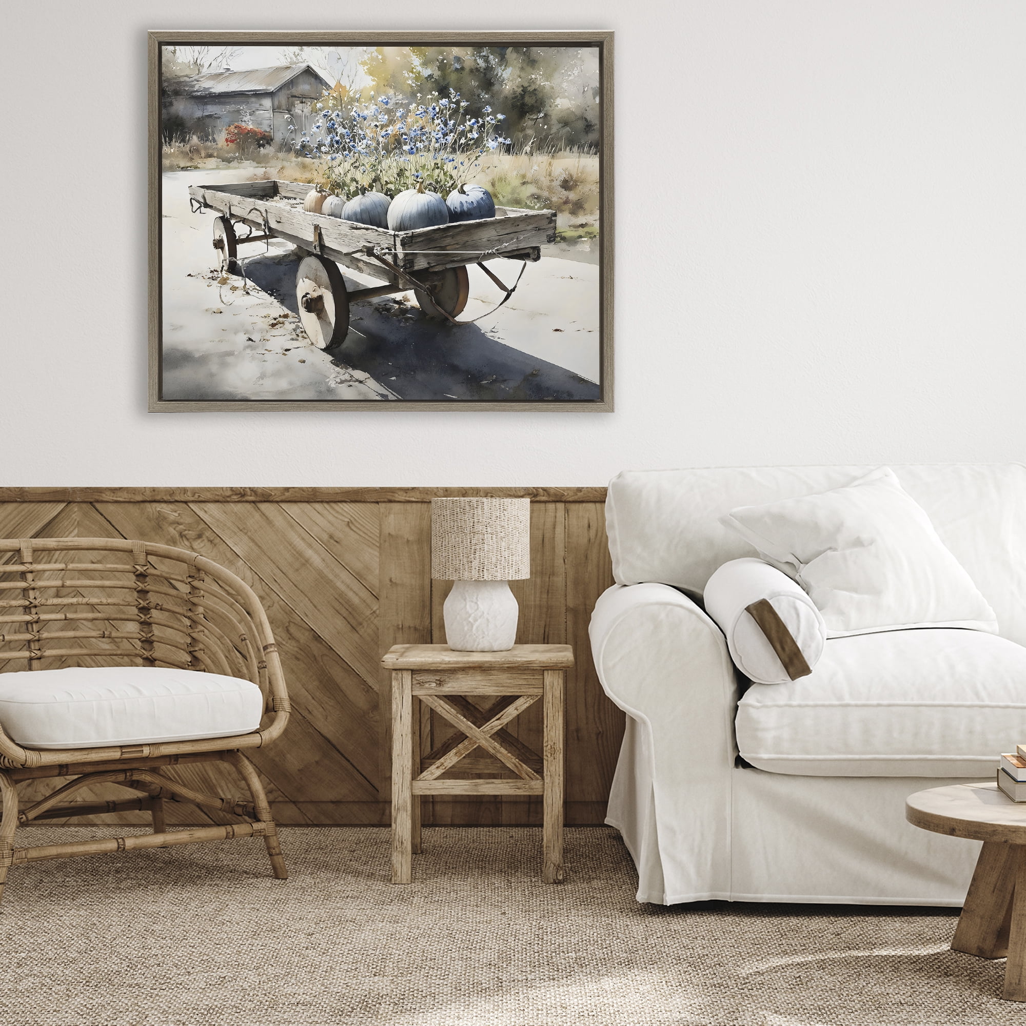 Stupell Industries Blue Pumpkin Wagon in Sunlight Brown Framed Floater Canvas Wall Art, design by Franklyn Gregory