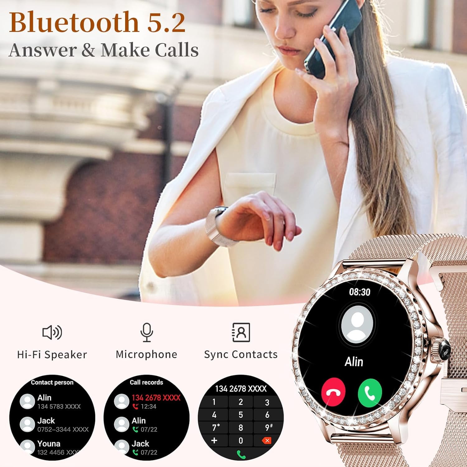 Smart Watches for Women (Answer/Make Call) with Diamonds, 1.3”HD Screen Bluetooth Smartwatch for Android iOS Phones, IP68 Waterproof Fitness Activity