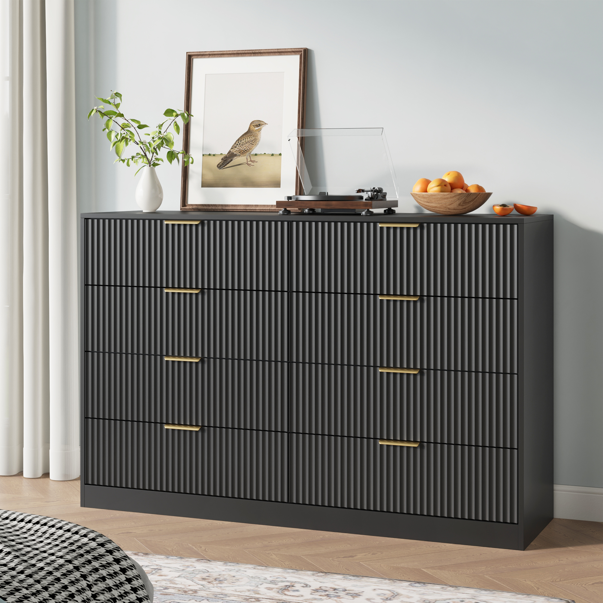 YouTrend Black 8 Drawer Dresser with for Bedroom,Modern Adult Fluted Wood Chest of Drawer with Golden Embedded Handles for Living Room,Hallway
