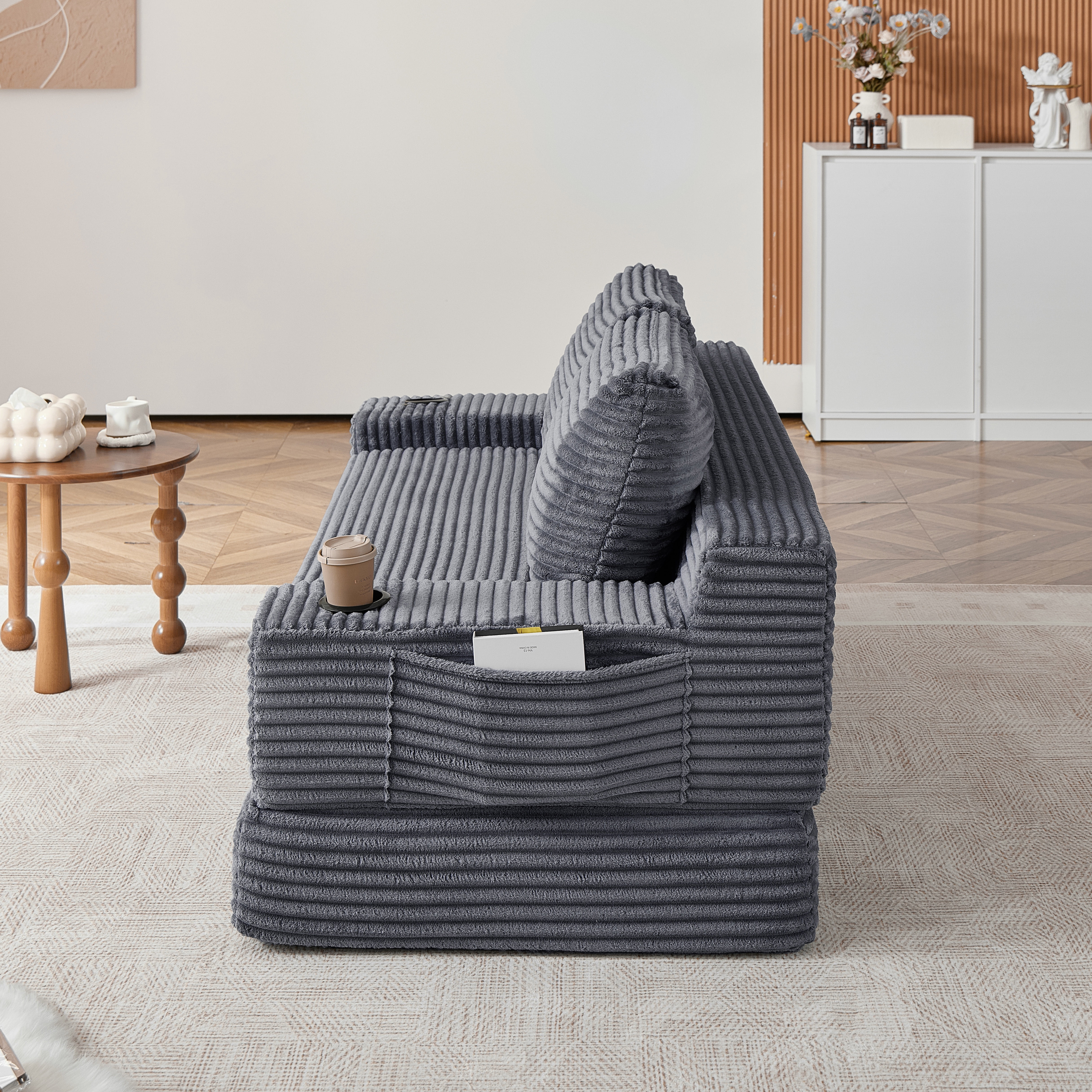Leumius Futon Sofa Bed,Convertible Corduroy Boneless Couch with Cup Holders & Pocket,2-in-1 Foldable Sleeper Sofa for Living Room, Small Spaces, Bedroom, No Assembly,Gray