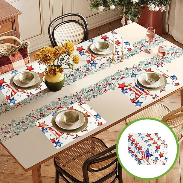 Manteles individuales de lino del Día de la Independencia (4 unidades) | Manteles de mesa rojos, blancos y azules resistentes al calor y duraderos | 30 x 45 cm, decoración para fiestas, cocina