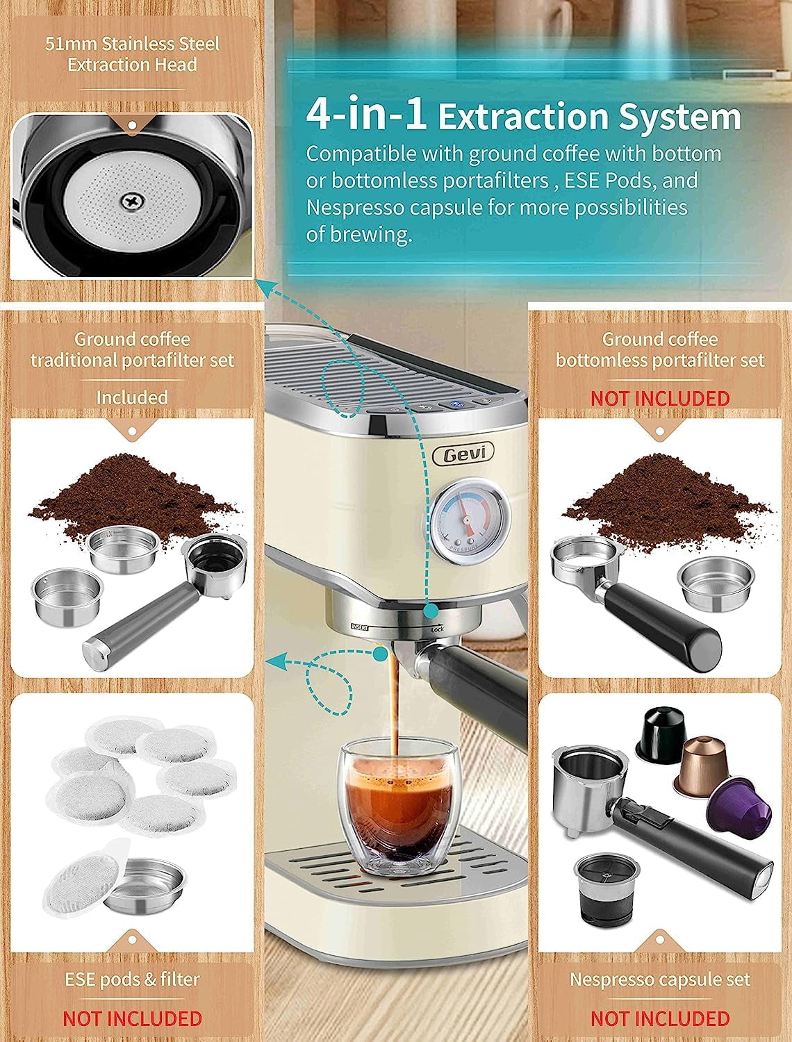 20 Bar Professional Espresso Coffee Machine with Milk Frother/Steam Wand for Espresso, Latte and Cappuccino, with 35 Precise Grind Settings Burr Coffee Grinder