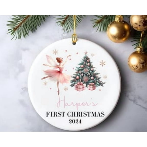 Personalized Baby Girl First Christmas Ornament 2025 - Custom Fairy Ballerina Ornament - Pink Round Ceramic Keepsake - 3 Inch Holiday Gift