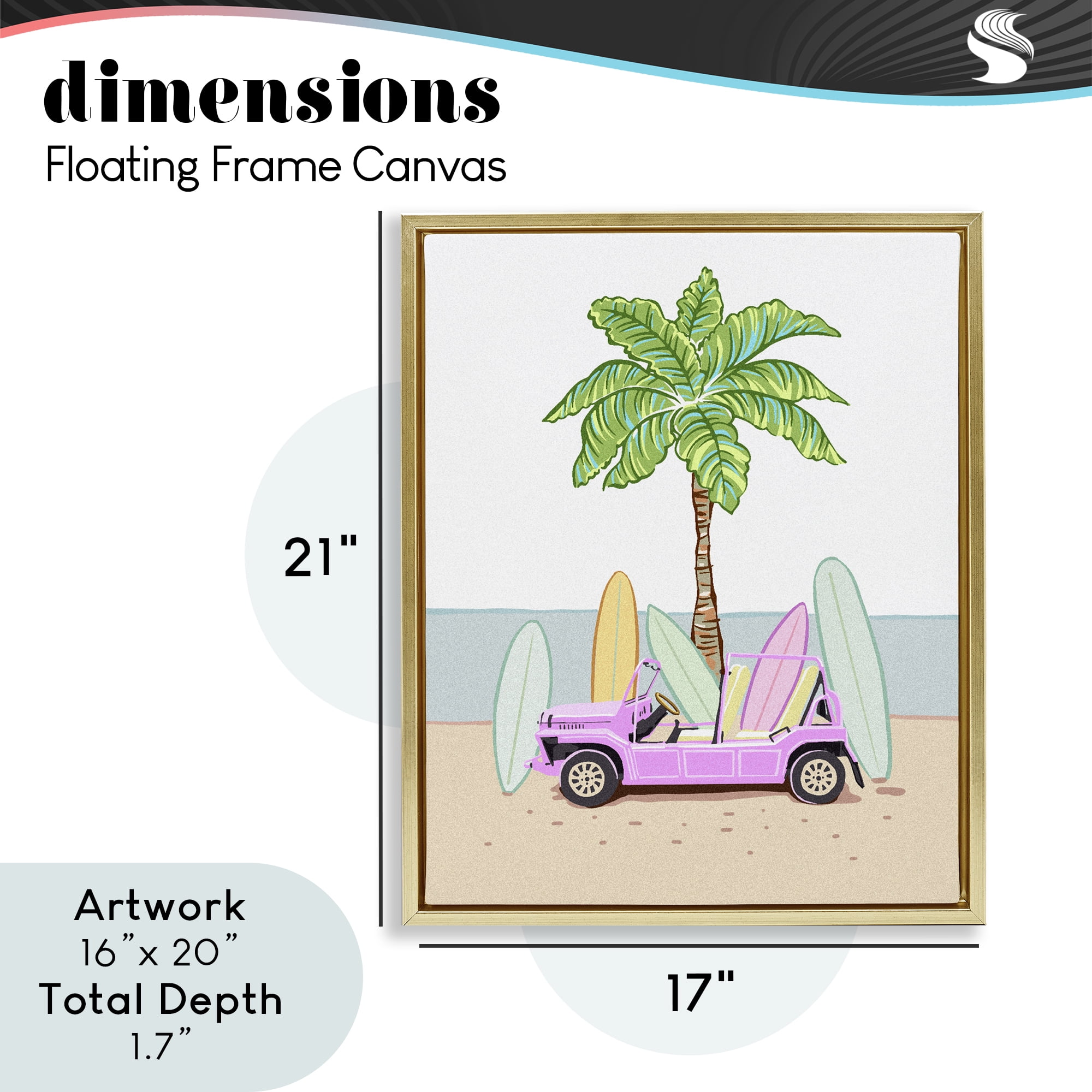 Surfboard Filled Car Gold Framed Floater Canvas Wall Art, design by Ziwei Li