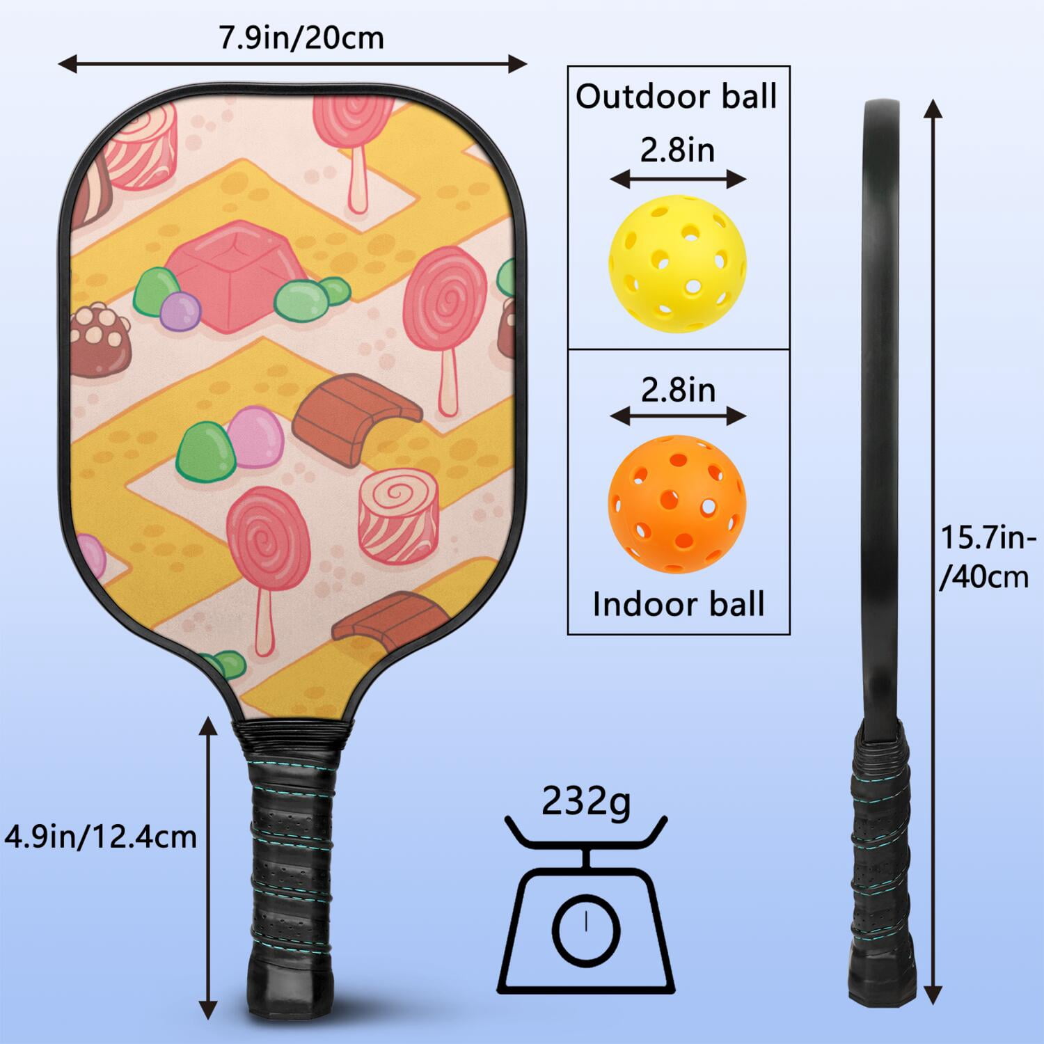 Pickleball Paddles Set Of 1, Fiberglass Surface, Sweet Candy Print, 1 Paddle, 2 Balls & Bag