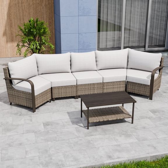 INTER HUT Vista Oasis 5-Person Brown Wicker Outdoor Seating Group Patio Dining Chair Set with Beige Cushion for Deck Porch Garden Backyard