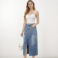 thumbnail image 7 of Women's High Waist Denim Midi Skirt with Front Slit Detail and Faded Wash Finish - Large, Light Blue, 7 of 7