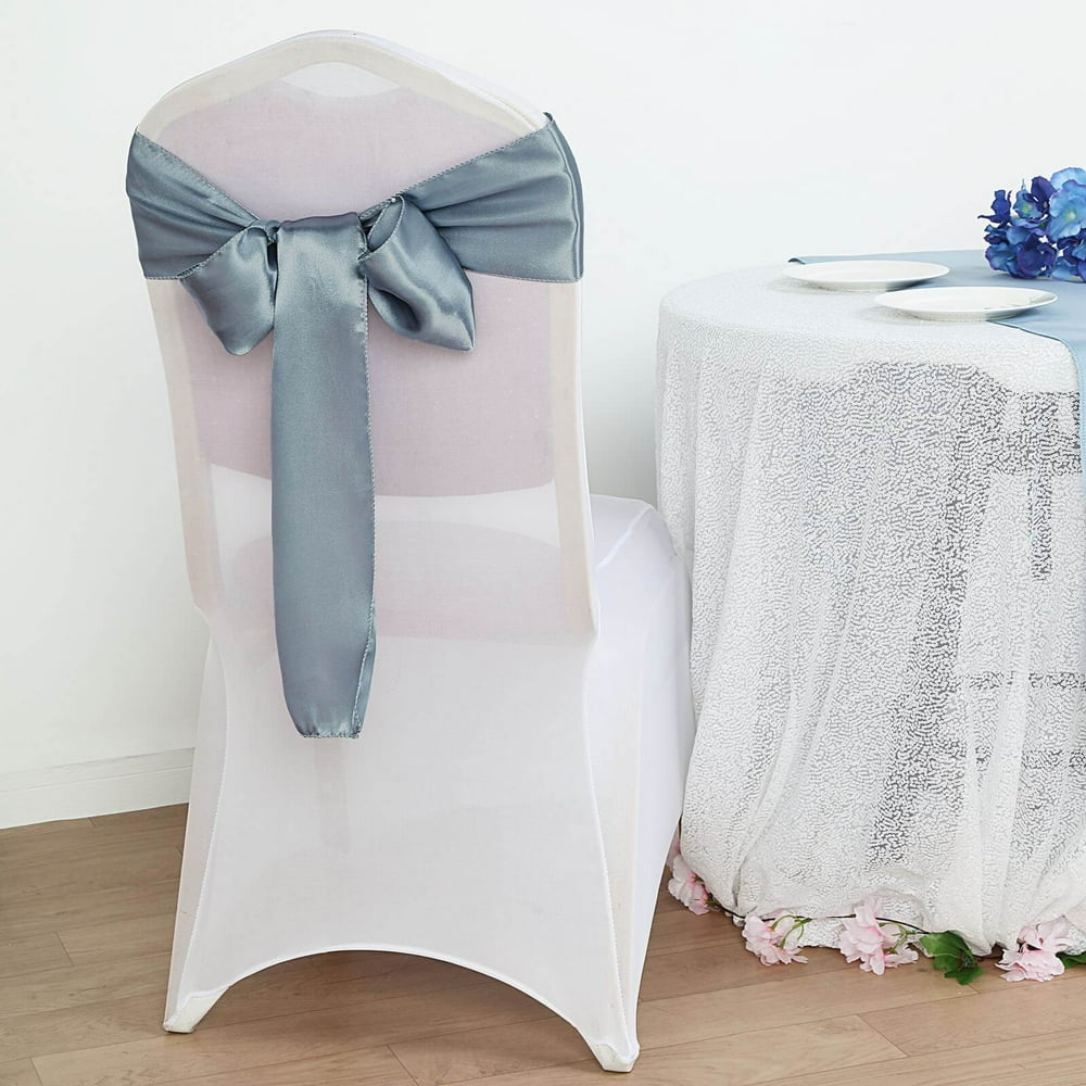 Efavormart 25pcs Dusty Blue SATIN Chair Sashes Tie Bows for Wedding