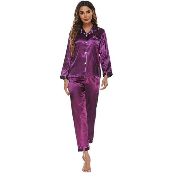 CoCopeaunts Women's Silk Satin Pajamas Set Long Sleeve Sleepwear 2 Piece Sweatsuit Ladies Lounge Set Soft Pjs Loungewear
