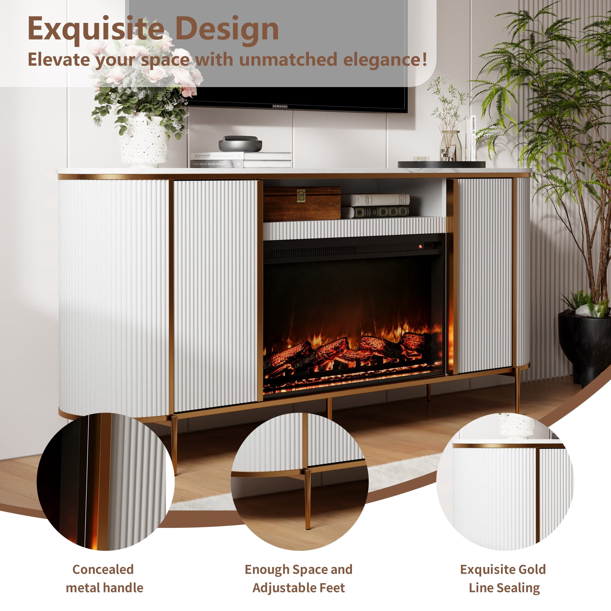 OKD 70" Fireplace TV Stand for TV up to 80", Modern Fluted Entertainment Center with Electric Fireplace, Media Console Table for Living Room - White