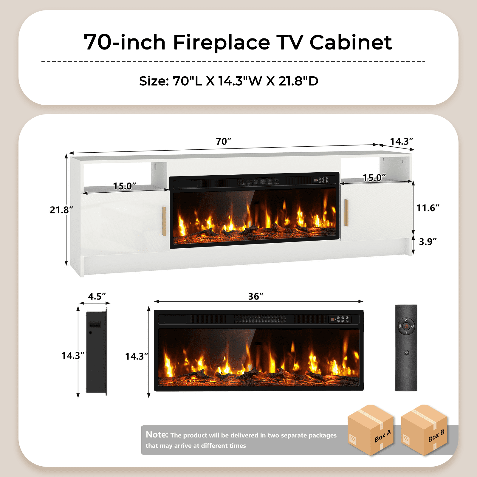 Flictozena 70" TV Stand with 36-Inch Electric Fireplace, Adjustable LED Lights & Storage | Fits TVs Up to 80 Inches | Modern Entertainment Center with Glossy White Doors