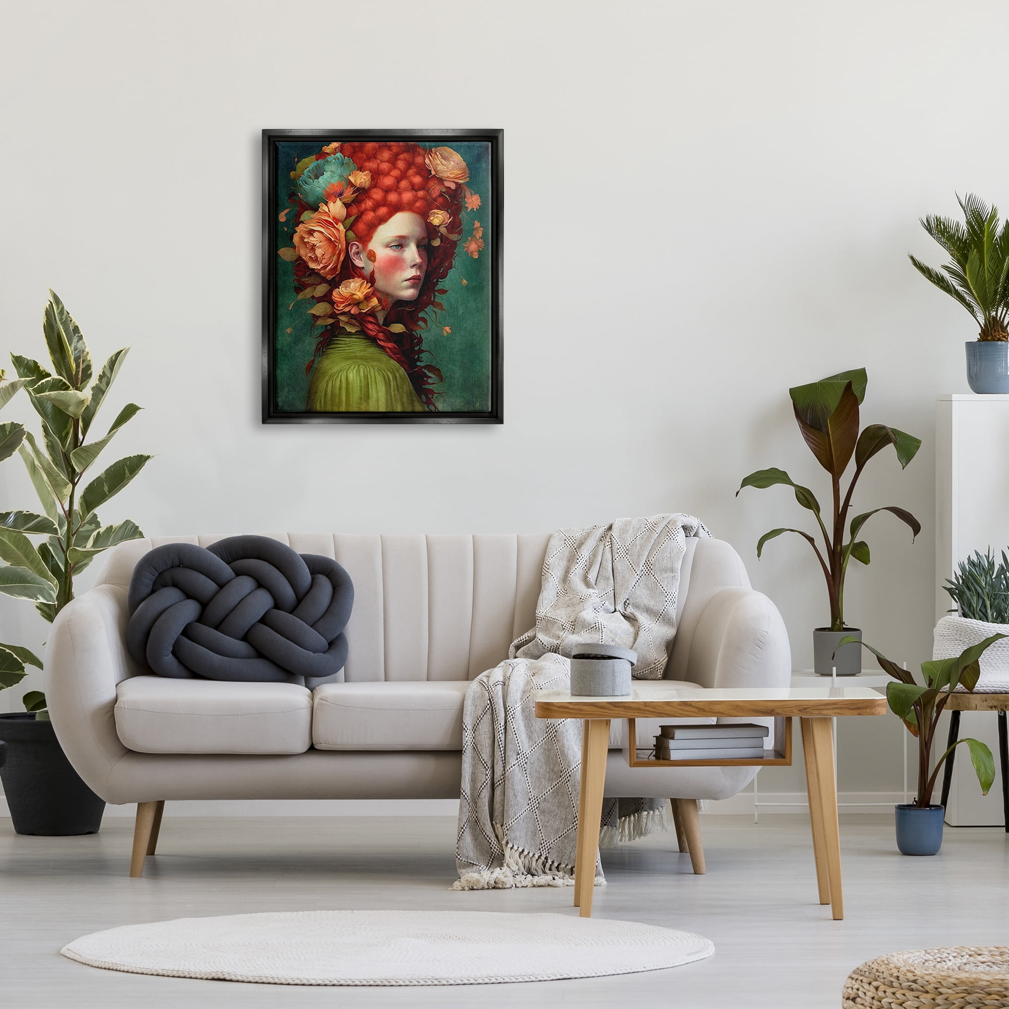 Stupell Industries Woman with Peonies Portrait Botanical & Floral Painting Black Floater Framed Art Print Wall Art, 25 x 31