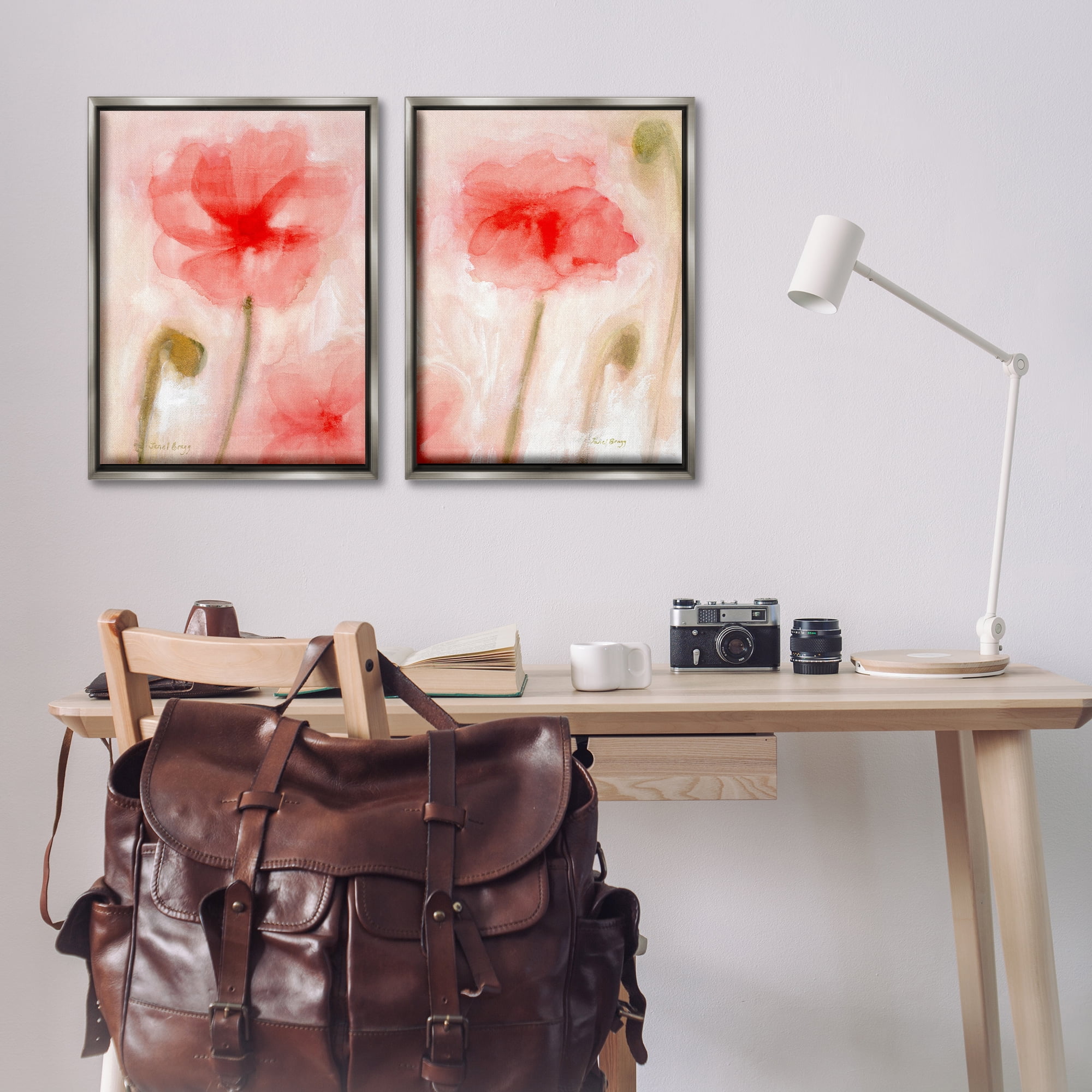 Stupell Industries Beautiful Coral Poppy Blossom Plants & Flowers Painting Gray Floater Framed Canvas Art Print Wall Art, 21 x 31, Set of 2