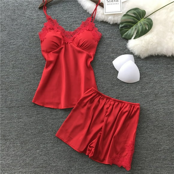Gift TIMIFIS Red Silk Pajamas Women Lace Camisole Shorts Satin Pajamas Set Satin Lingerie V Neck Tops Shorts Sleepwear - Spring/Summer