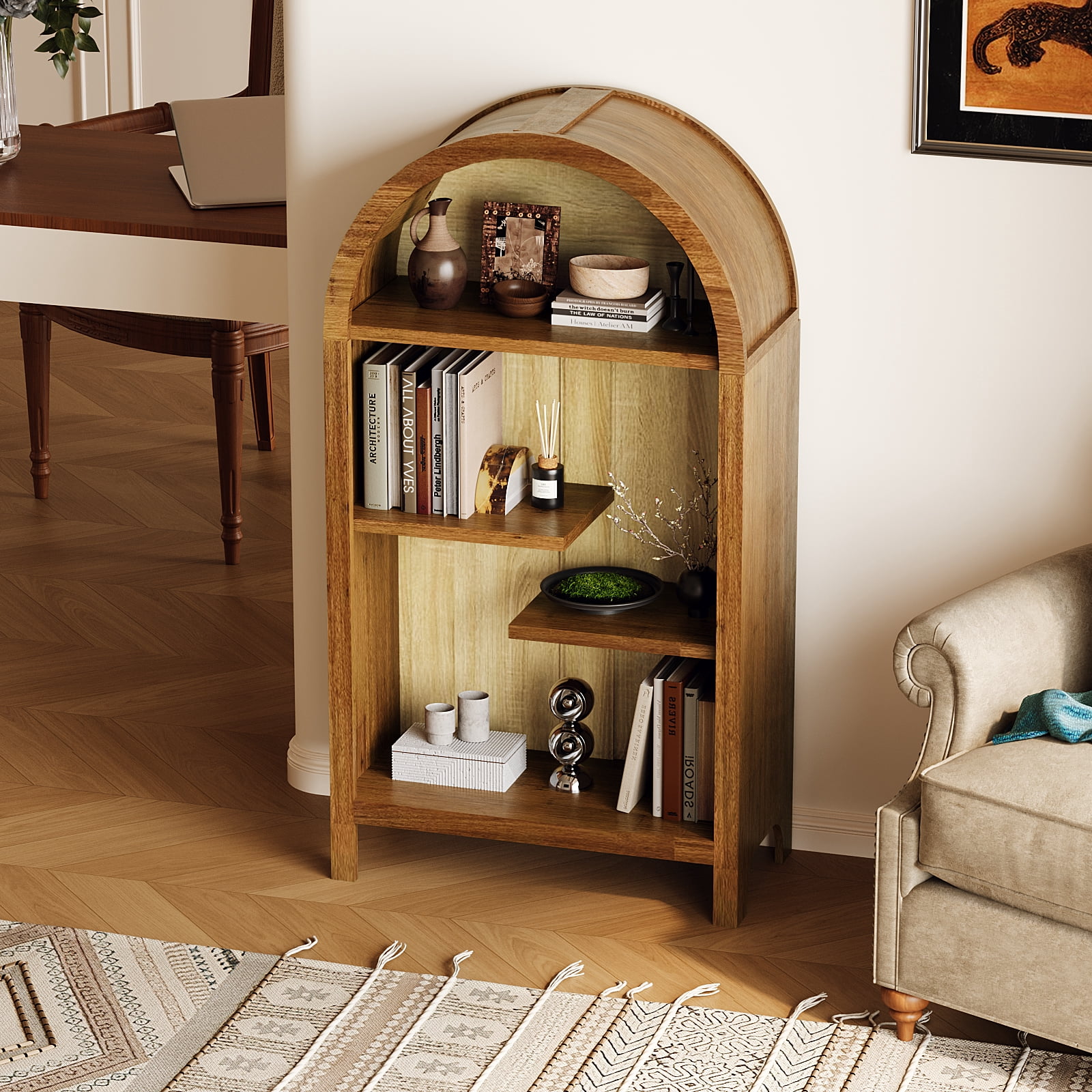4-Tier Arched Top Freestanding Shelf, Asymmetrical Open Storage Cabinet, Wood Display Shelf for Entryway, Living Room, Bedroom, Hallway