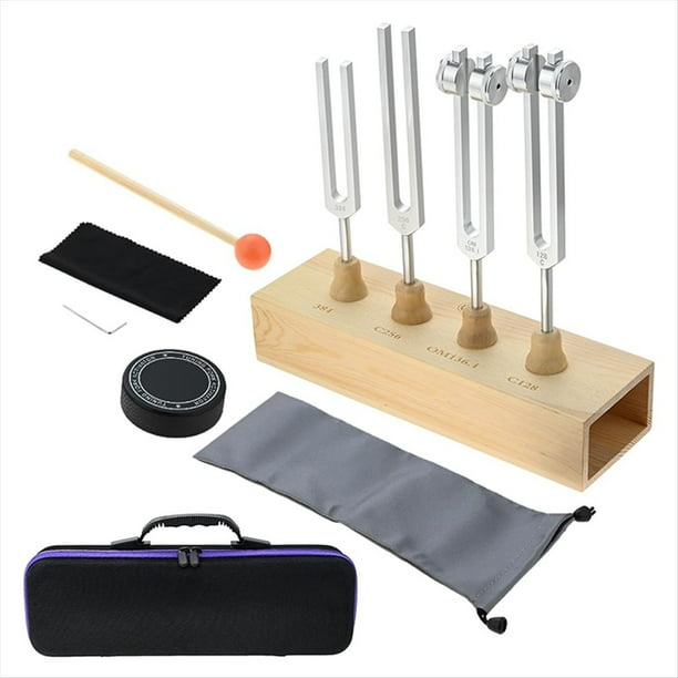 Juego de 4 Diapasones de 128 Hz, 136,1 Hz, 256 Hz y 384 Hz con Bolso, Activador y Caja de Resonancia de Madera para Meditación, Sanación y Yoga.