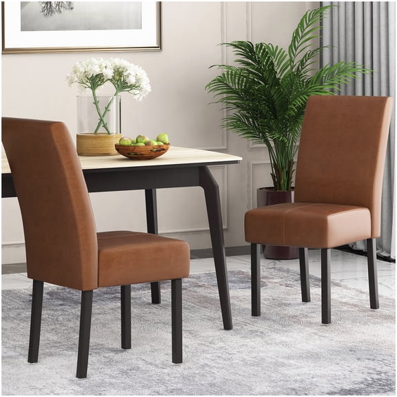 Minimalist Dining Chairs Set of 2, Light Brown Faux Leather and Wood Kitchen Chairs, Armless Contemporary Side Chairs with Tufted Back for Dining Table