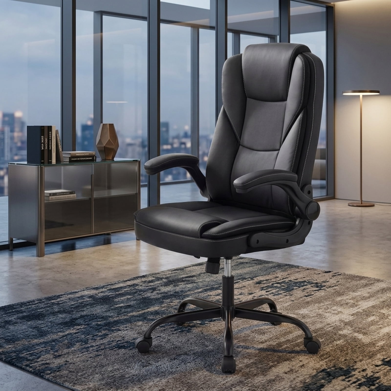 Furnibear Leather Office Chair and Ergonomic Computer Desk Chair with Flip Up Armrests Rocking Function Swivel Seat and Height Adjustment, Black