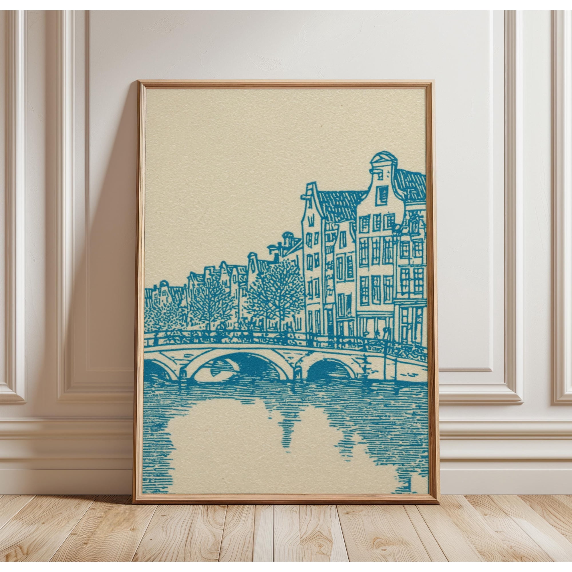 Amsterdam Canal Blue Line Art Cityscape Dutch Architecture Bridge Urban Wall Art Home Decor Office Wall Art