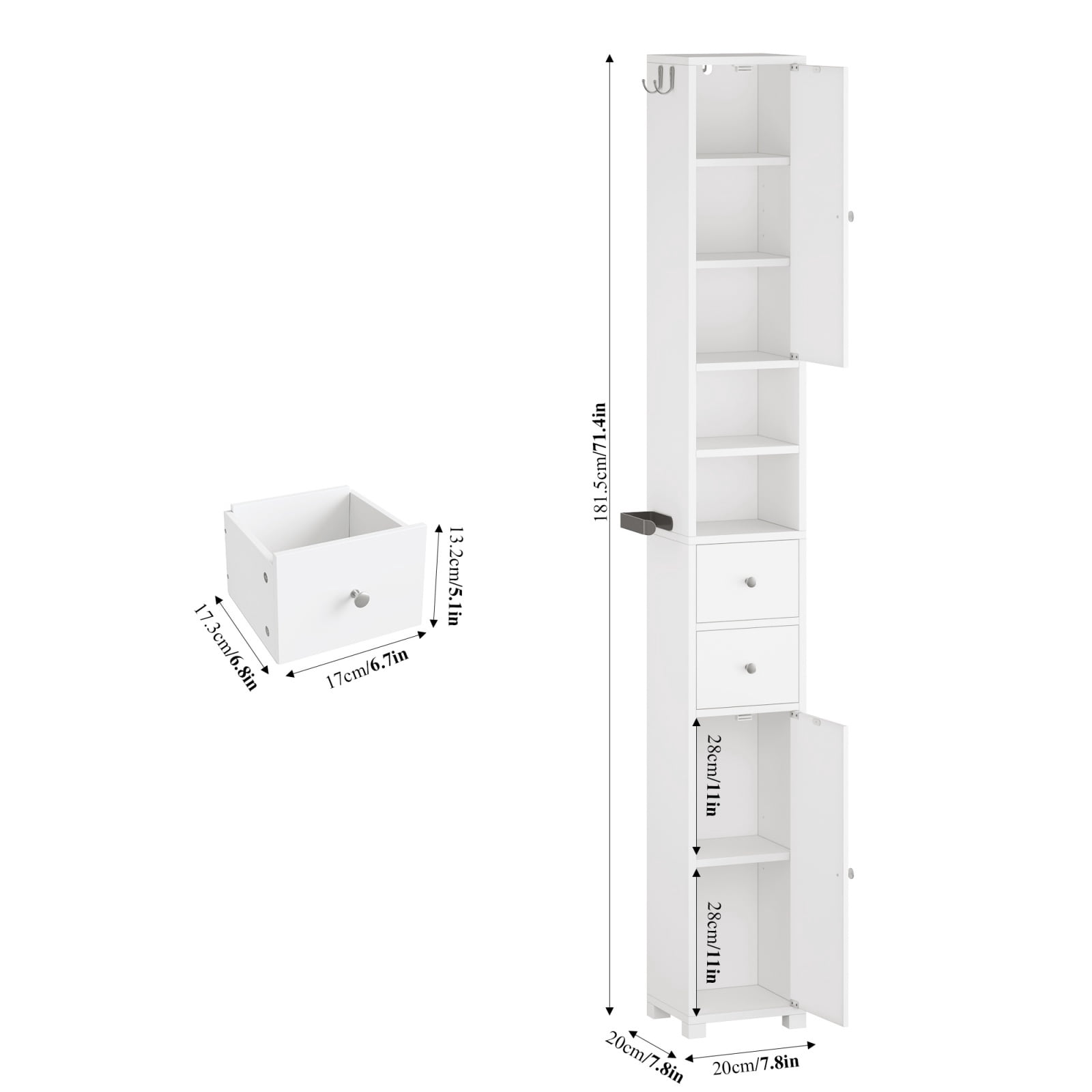 Homfa 71" Tall Bathroom Storage Cabinet with Adjustable Shelves, 2 Doors & Drawers Bathroom Storage Tower with Hooks & Paper Towel Holder, Freestanding Narrow Cabinet for Small Spaces, White