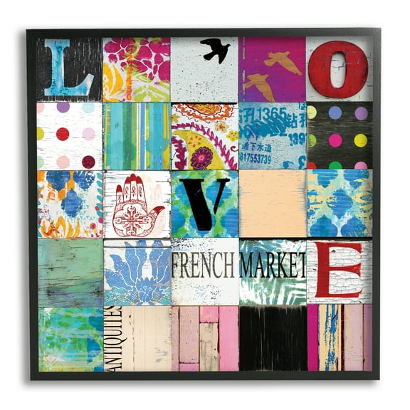Love Typography Collage Vintage Icons Patchwork Typography Framed Art Print Wall Art, 17x17