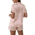 thumbnail image 4 of Springcmy Womens Satin Pajama Set Summer Short Sleeve Heart Embroidery Button Shirt + Shorts 2 Piece Pjs Set Loungewear Pink S, 4 of 5