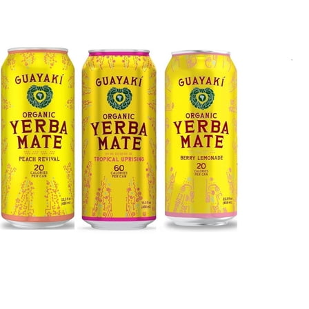 Guayaki Yerba Mate Low Calorie Variety Pack : Tropical Uprising, Peach Revival, Berry Lemonade (Pack of 12)