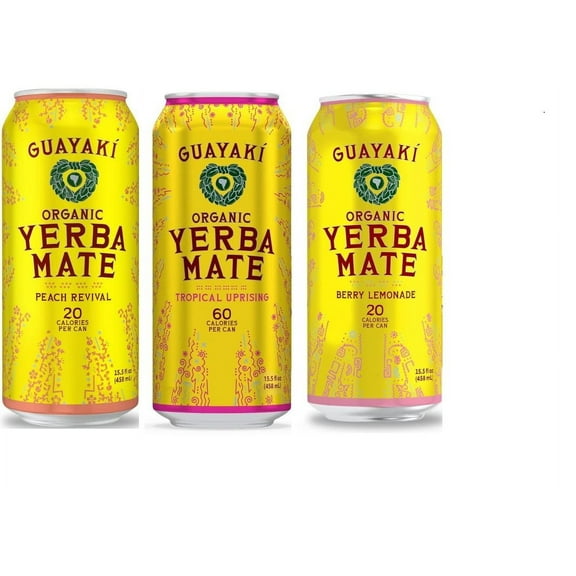 Guayaki Yerba Mate Low Calorie Variety Pack : Tropical Uprising, Peach Revival, Berry Lemonade (Pack of 12)