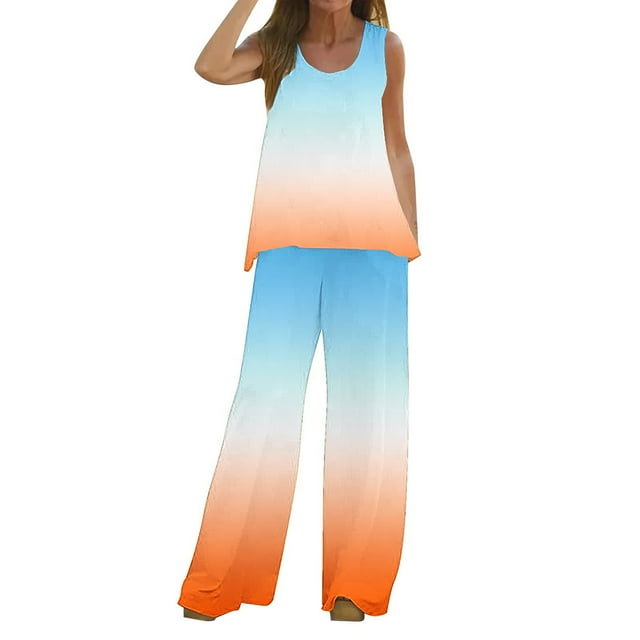 Mikilon Ensemble Élégant pour Femmes 2 Pcs Débardeur Imprimé Décontracté Ample Pantalon Long Sans Manches Col Rond Haut/chemise Ensemble Orange-B m